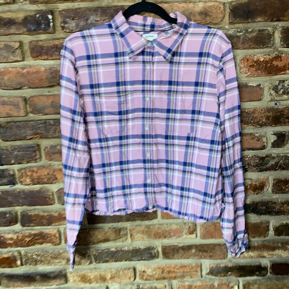 L.L. Bean Pink Plaid Flannel Long Sleeve Button Down Crop Top Women's Medium